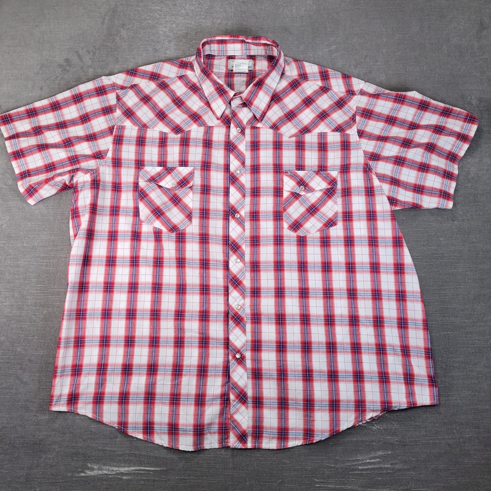 Wrangler Wrancher Men 3X Big Red White Blue Plaid Pearl Snap Western Shirt